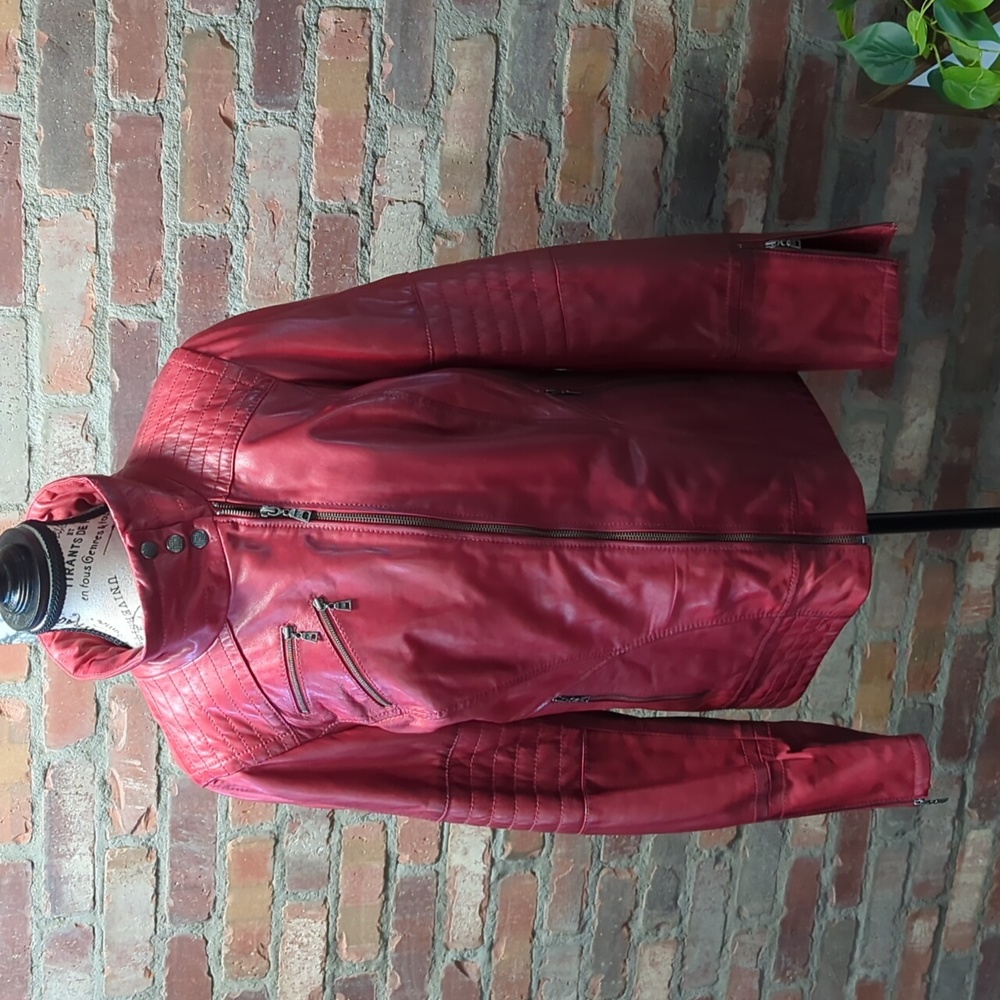 Red leather jacket.